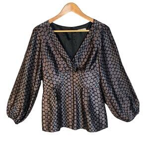 Silk Brown‎ Polka Dot V-Neck Long Sleeve Peplum Retro Babydoll Blouse Size 4